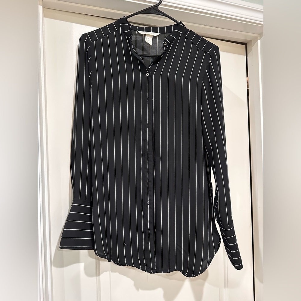 Black and White Striped Button-Up Blouse